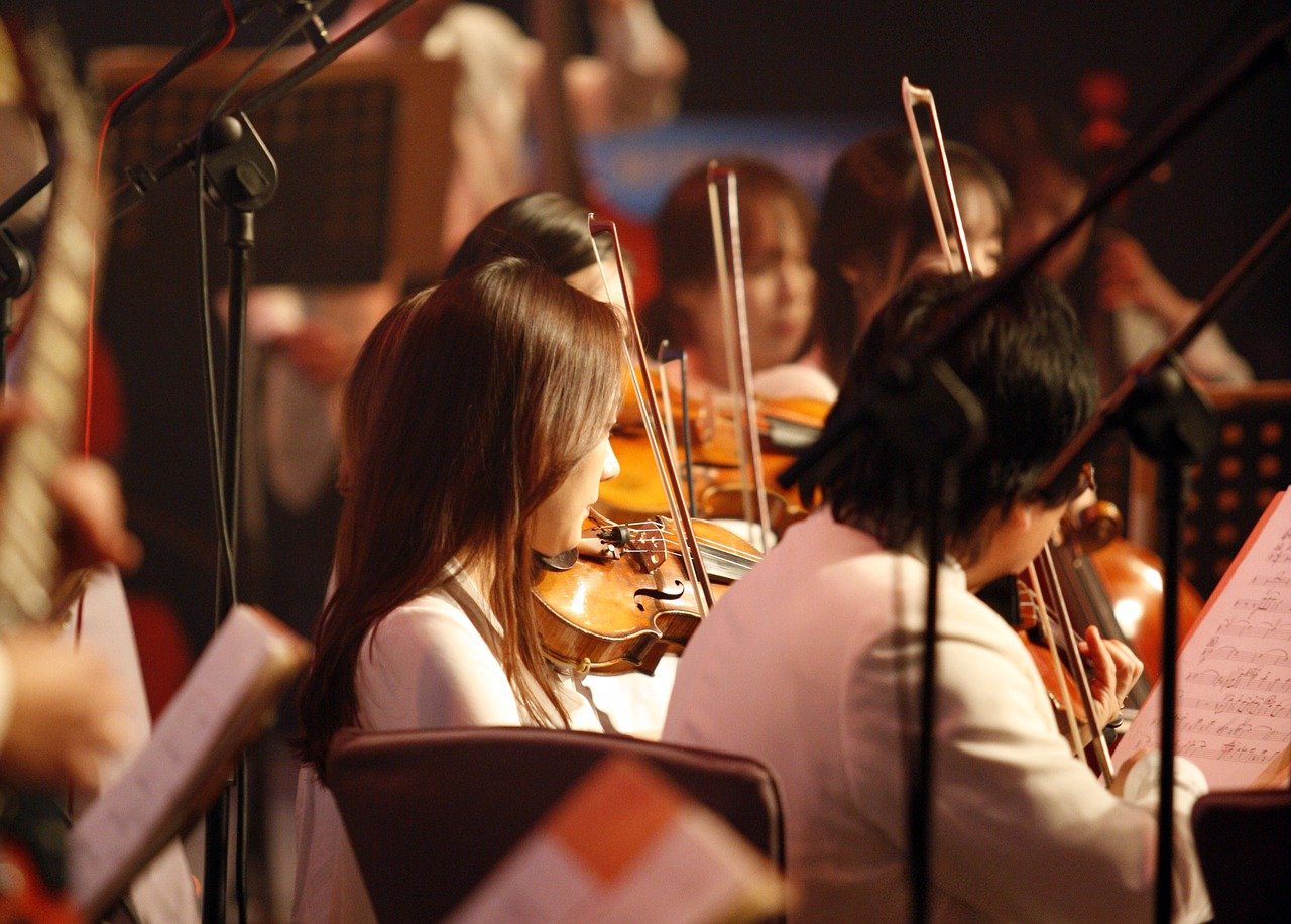 violins in orchestra learn to play by listening to violin music often